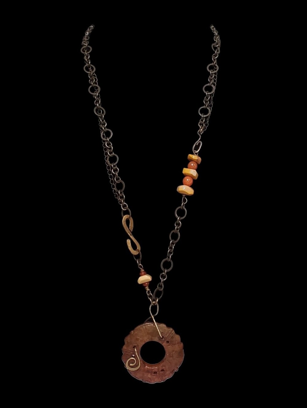 Estate Artisan Mixed Metal Carved Brown Soochow Jade Bi Disc Necklace